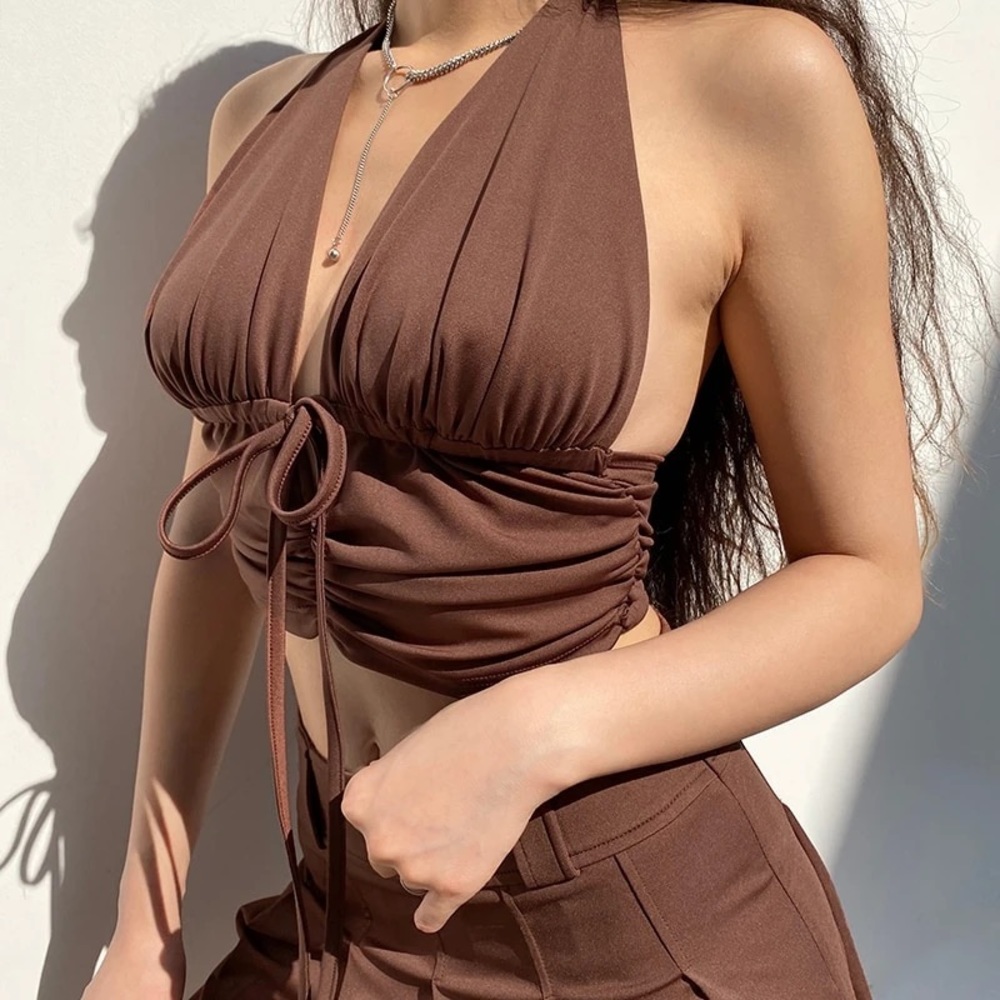 She’s Celestial Alectrona Top Brown Halter Satin Sizes S M L